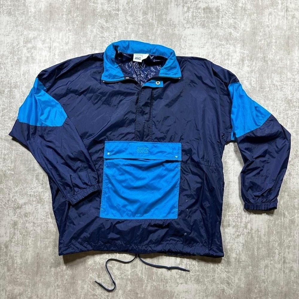 Asics Windbreaker Mens L/XL Blue Vintage 90s Anorak 1/4 Zip Pouch Pocket